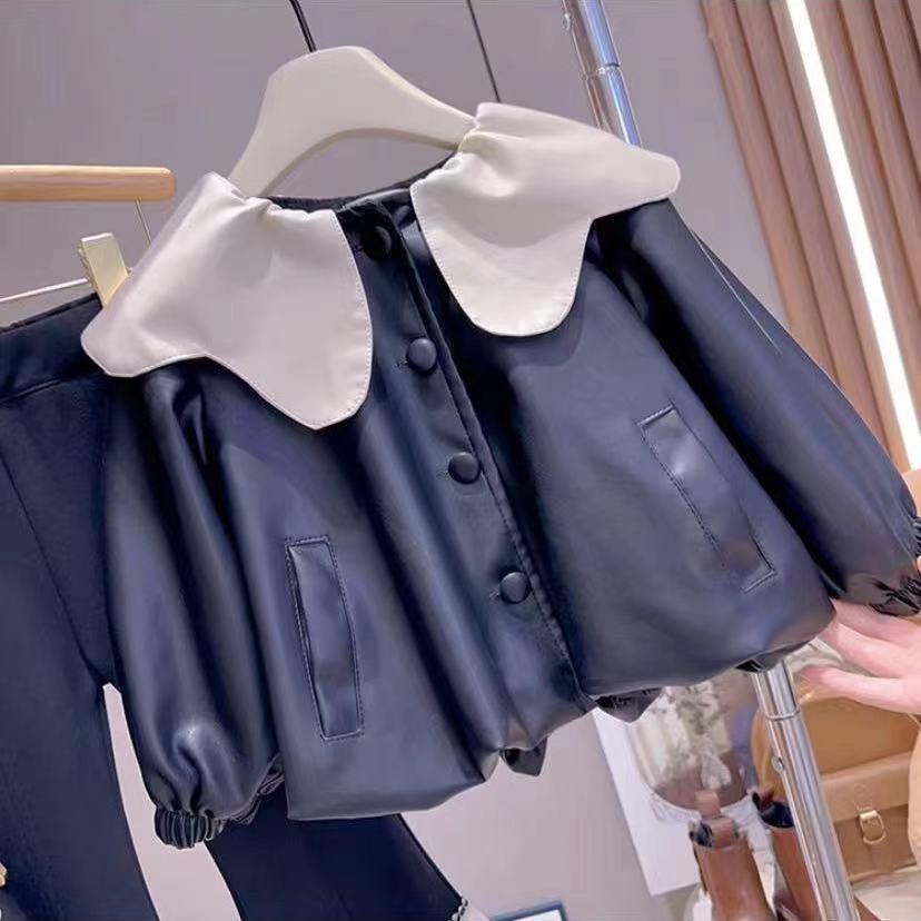 2025 Módní kožená bunda s klopami pro malé holčičky - Trendy podzimní svrchní oděv