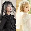 Vintage Brides Lace Veil Headdress Black White Lolita Veil for Outdoor Occasions