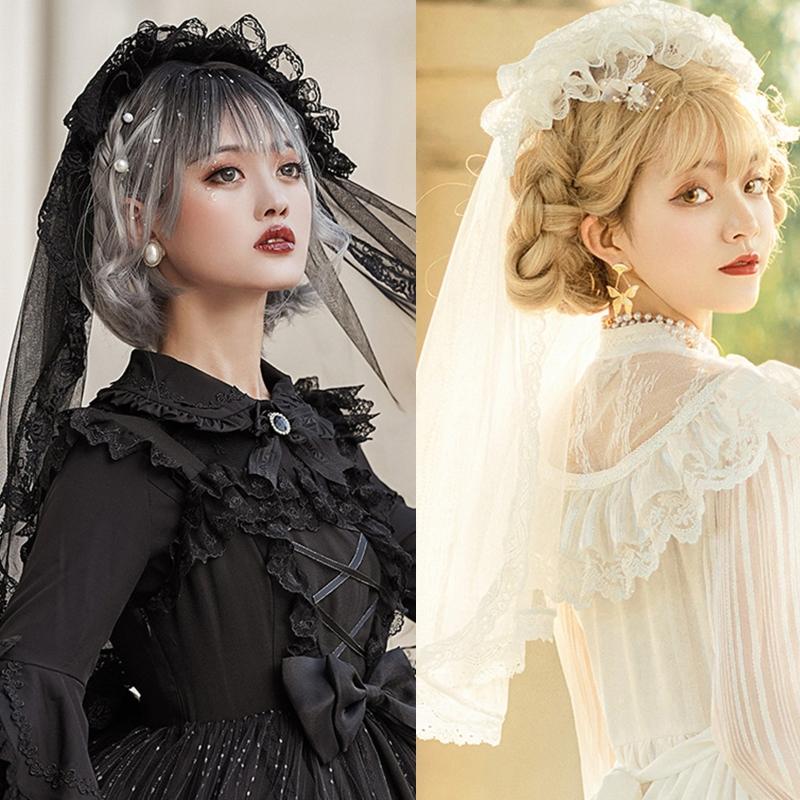 Vintage Brides Lace Veil Headdress Black White Lolita Veil for Outdoor Occasions