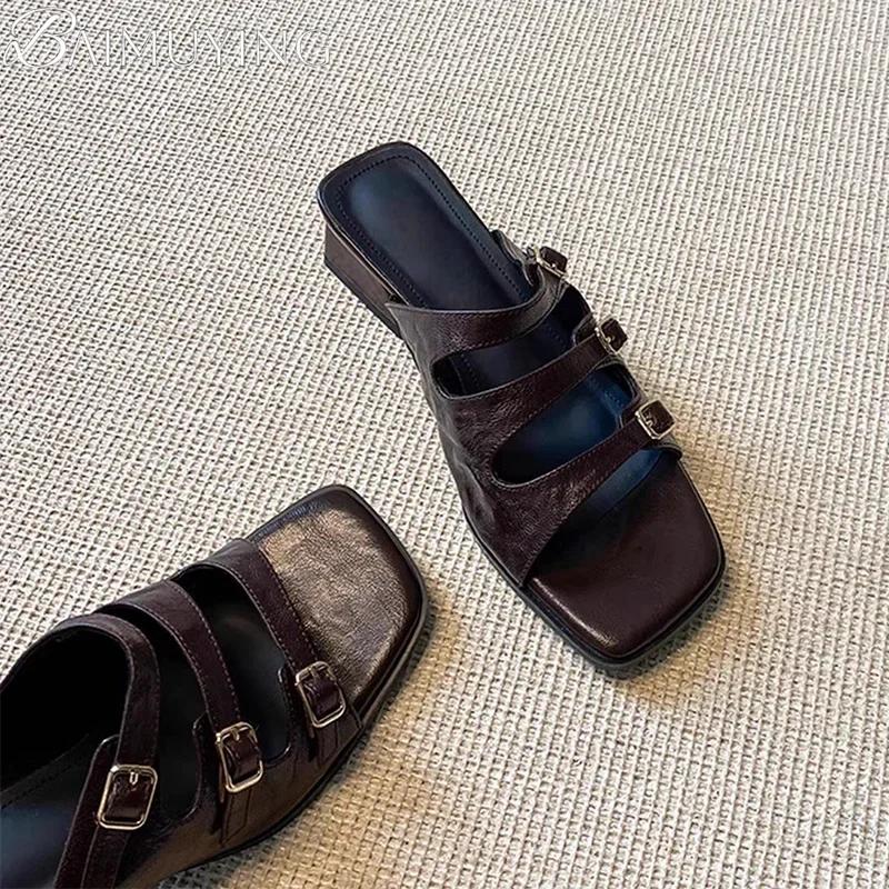 Women Slippers New Square Toe Sandals Party Shoes 2025 Summer Elegant Woman Pumps Brand Buckle Slides Sandalias Mujer