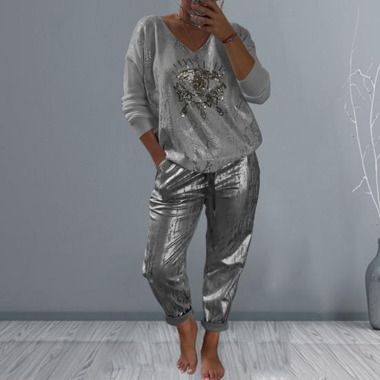 2 Pcs/Set Women Top Pants Set Eye Print Longs Sleeve V Neck Drawstring Elastic Waist Loose Bronzing Casual Daily T-shirt Trousers Set