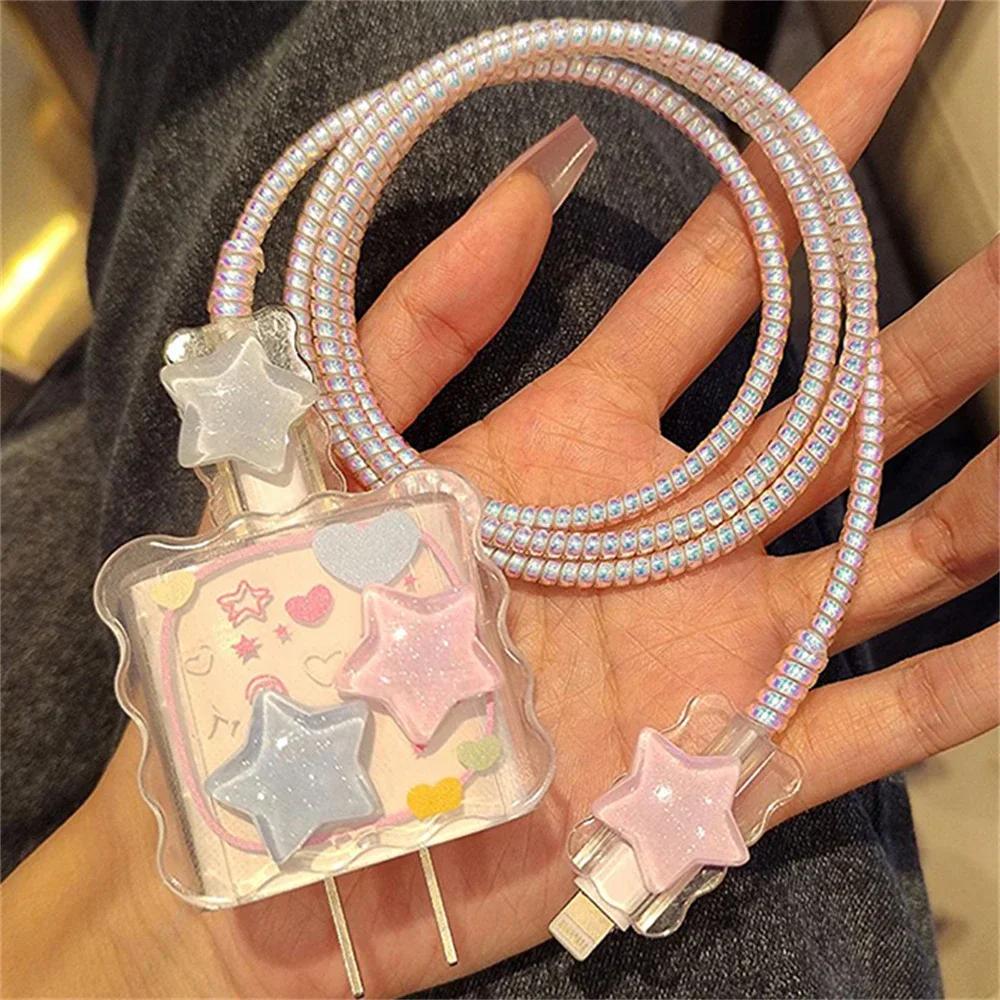Kawaii Cute 3D Star Love Heart Wave Border Y2K USB Protector Cover for IPhone 18/20W Data Line Head Cord Fast Charging Case