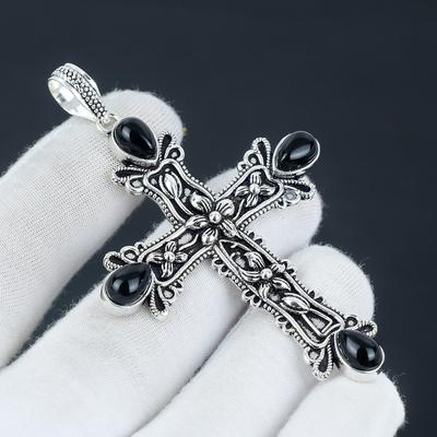 Black Onyx Gemstone Pendant Black Onyx Natural Gemstone Handmade 925 Sterling Silver Cross Pendant For Gifts Pendant For Her, Women Jewelry