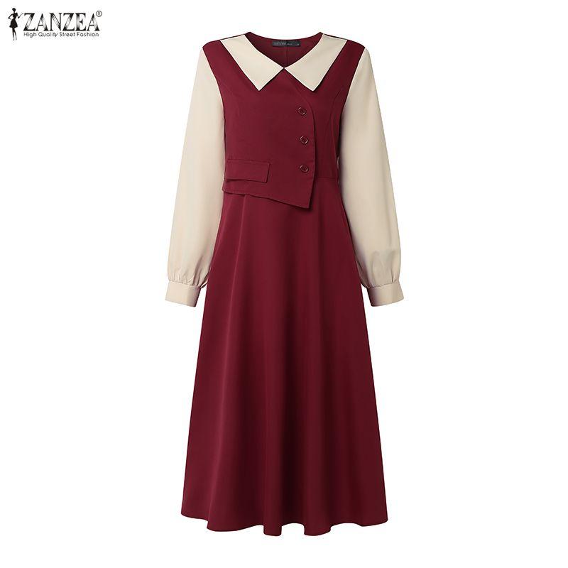 ZANZEA Women Casual Turn Down Collar Patchwork Long Sleeve Dress
