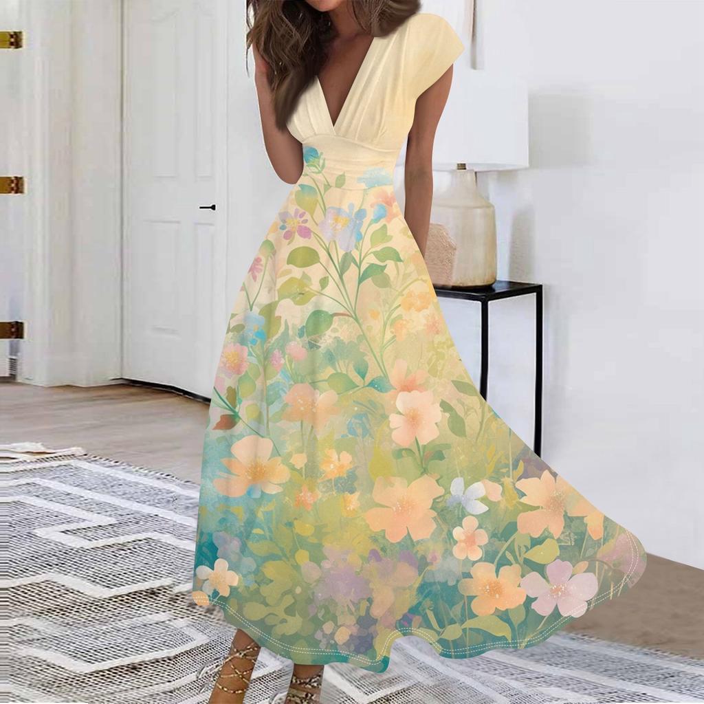 Women's Long Casual Dress Summer Short-Sleeve V-Neck Waist Retraction Printed Dress