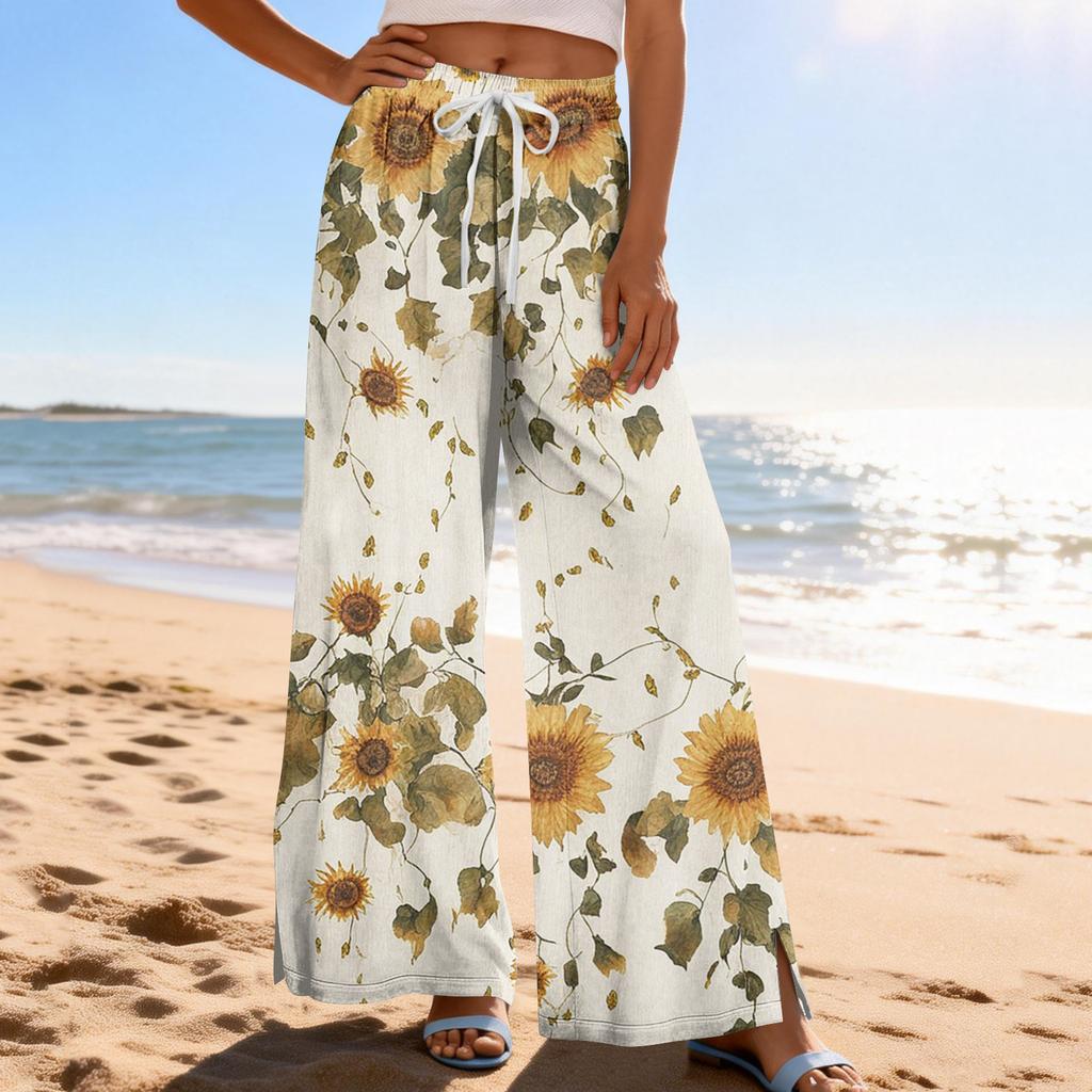 Women Summer Boho Palazzo Pants High Waist Wide Leg Printing Casual Trousers With Pockets