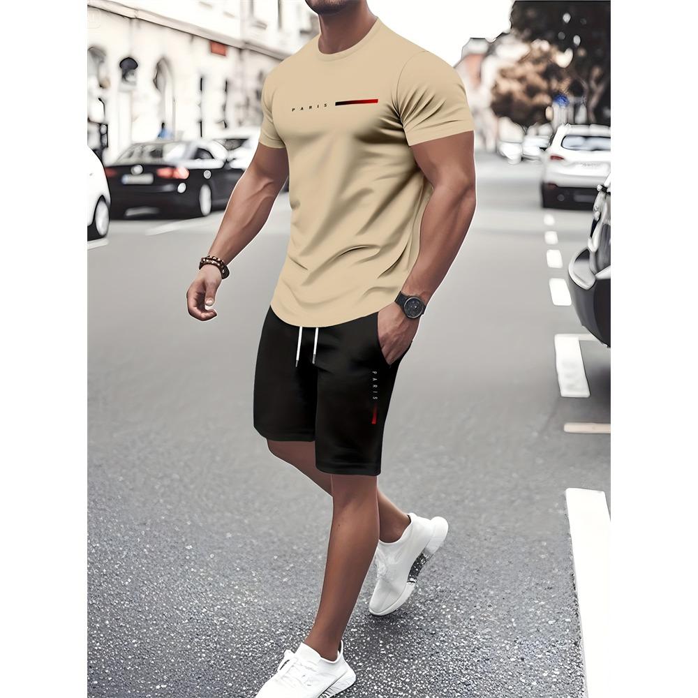 New Men's Short-Sleeve Athletic Shorts Set Crew Neck T-Shirt With Drawstring Shorts Stylish Streetwear Two-Piece Set