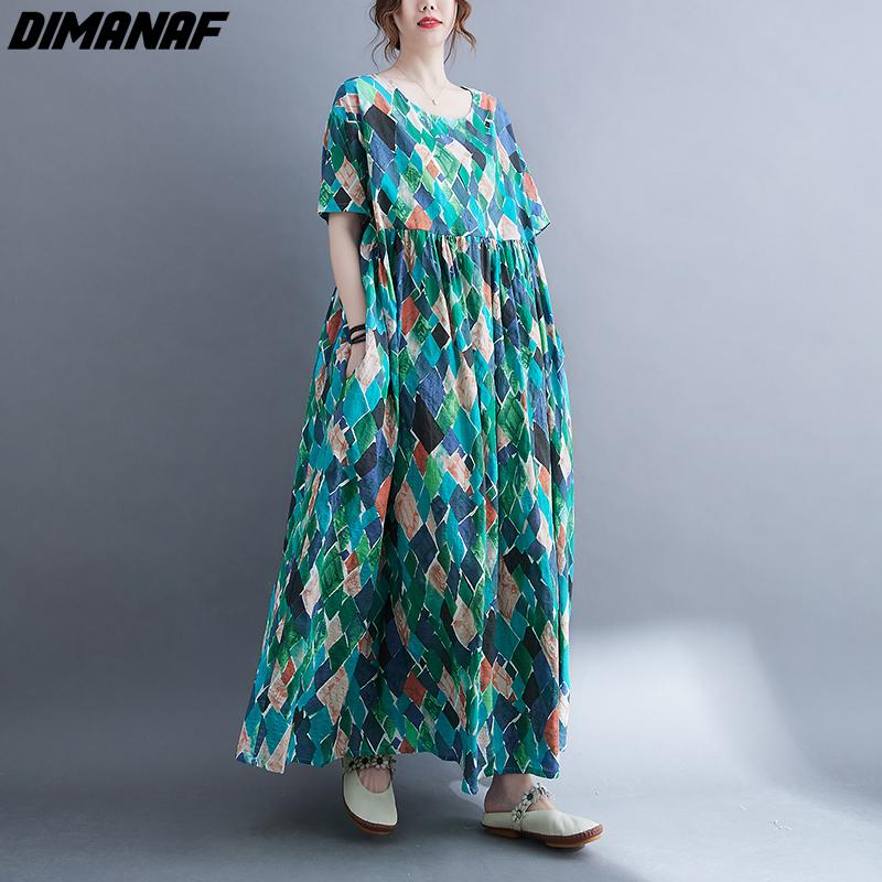 DIMANAF kobiety sukienka letnia Plus rozmiar plażowa sukienka lniana czeski nadruk kwiaty moda Lady Vestidos luźna długa sukienka na co dzień Oversize 9063