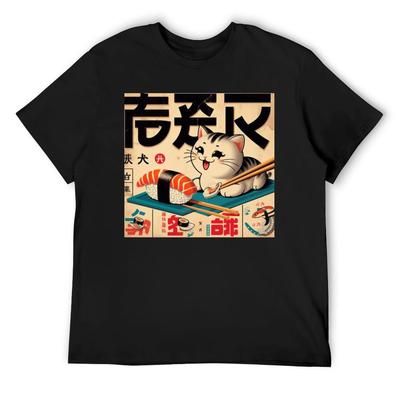 Japanese Vintage Poster: 1950s Retro Sushi Cat T-Shirt Plus Size Tops Anime T Shirts Mens Cotton T Shirts