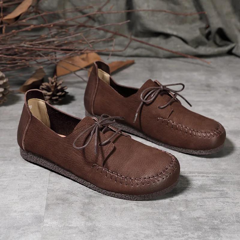 

Модные женские туфли из коровьей кожи ручной работы в стиле ретро на плоской подошве из натуральной кожи для пожилых людей, здоровые и удобные 40 темно-коричневого