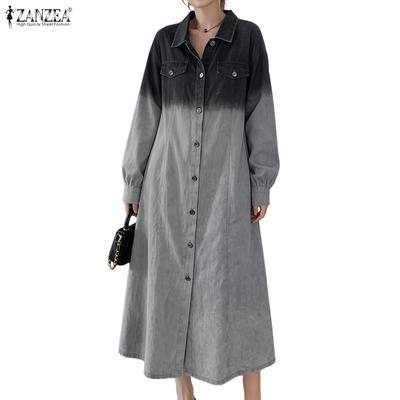 Women Casual Turn Down Collar Long Sleeve Loose Print Shirt Dress