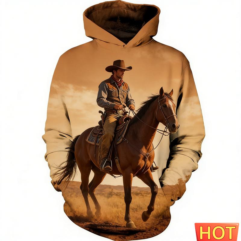 Retro Cowboy Pferd Grafik 3D Druck Hoodies Für Männer Interessantes Tier Design Herren Damen Streetwear Pullover Lässiges Sweatshirt