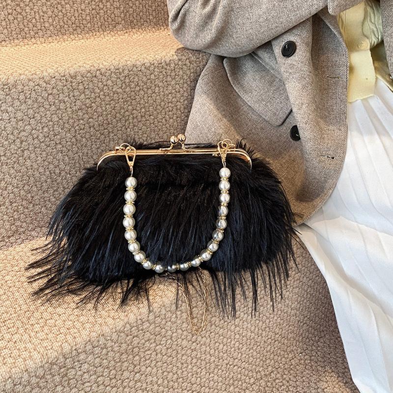 Yogodlns Luxe nepbont avondtasje Pluizige effen kleur schoudertas Grote capaciteit Parelhandvat Clutch Crossbodytas Voor dames