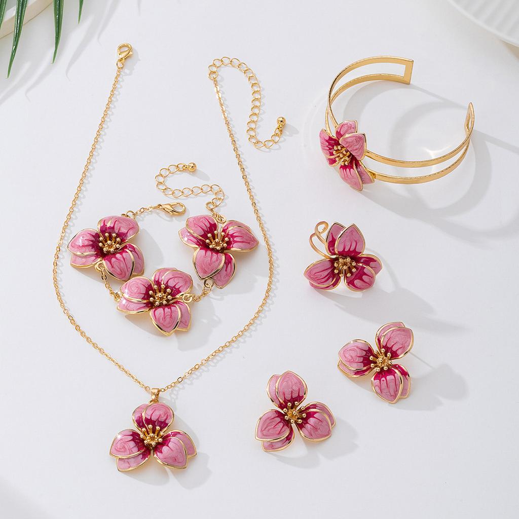 Simple Oil-Infused Flower Earrings And Necklace Set - Casual Jewelry Set For Women