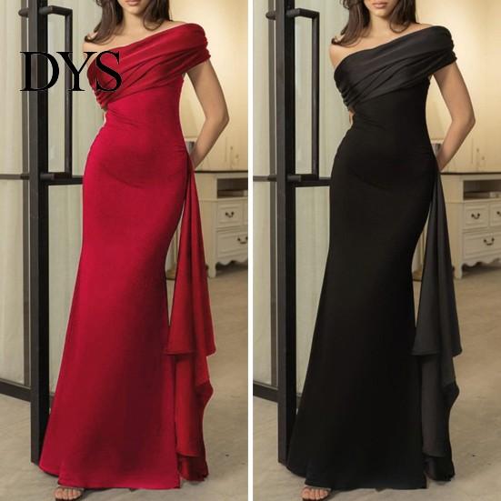 Solid Color Women Dress Lady Evening Slant Neck Off Shoulder Sleeveless Pleated Lace-up Sash Decor Long Irregular Design Slim Fit Prom Party