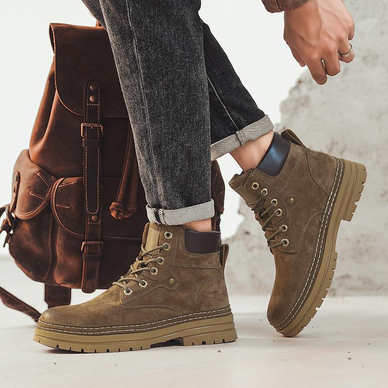 Khaki Mode Herren Motorradstiefel Lässige Plateau Arbeitsstiefel Mann Outdoor Street Biker Schuhe Herren Leder Stiefeletten für Herren