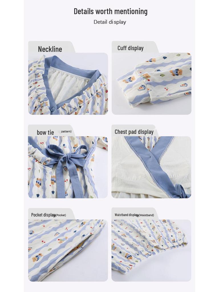 Damski kreskówkowy zestaw piżamowy z wkładkami na biust - Wiosenno-jesienna bawełna o fakturze chmury, Kardigan z długim rękawem, Cienki szlafrok, Odzież domowa i do noszenia na zewnątrz