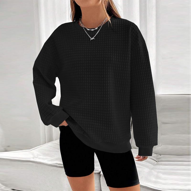 Women's Crew Neck Long Sleeve Sweatshirt Regular Fit Casual Top Solid Waffle Knit Pullover Tops