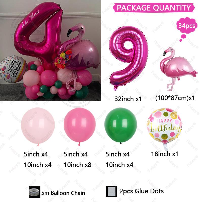 34pcs 32 Inch Rose Red Number 1-9 Birthday Balloon Set Flamingo Balloon Tropical Hawaii Theme Party Decoration Festival Supplies