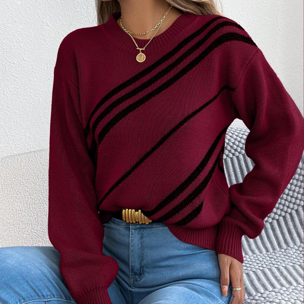 Autumn and Winter Casual Striped Round Neck Lantern Long Sleeved Pullover Sweater