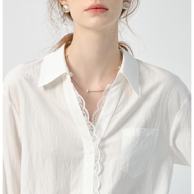 White long-sleeve women's shirt, 2026 spring new style, European style lace trim loose top