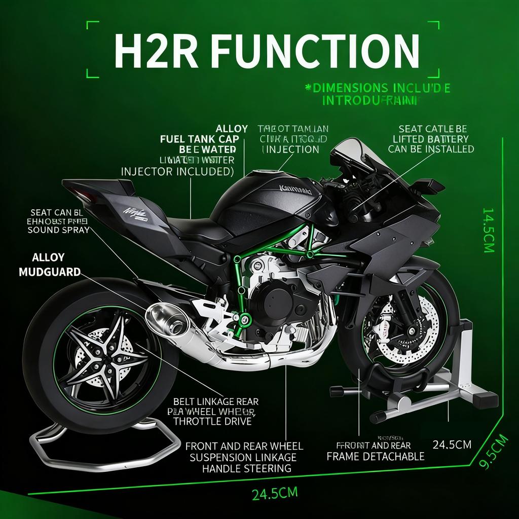 1/9 Kawasaki H2R Ninja with Spray Alloy Motorcycle Model Toy Vehicle Collection Sound and Light Off Road Autocycle Toys Car