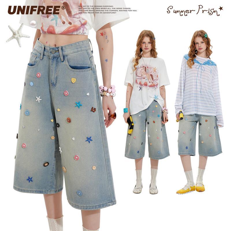 UNIFREE Retro Distressed Loose Straight Denim Shorts M