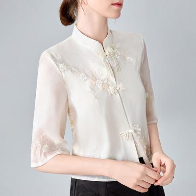 New Chinese Stand-up Collar Shirt for Women New Women's Retro Light Luxury Chinese Style Embroidered T-shirt Tassel Button Top