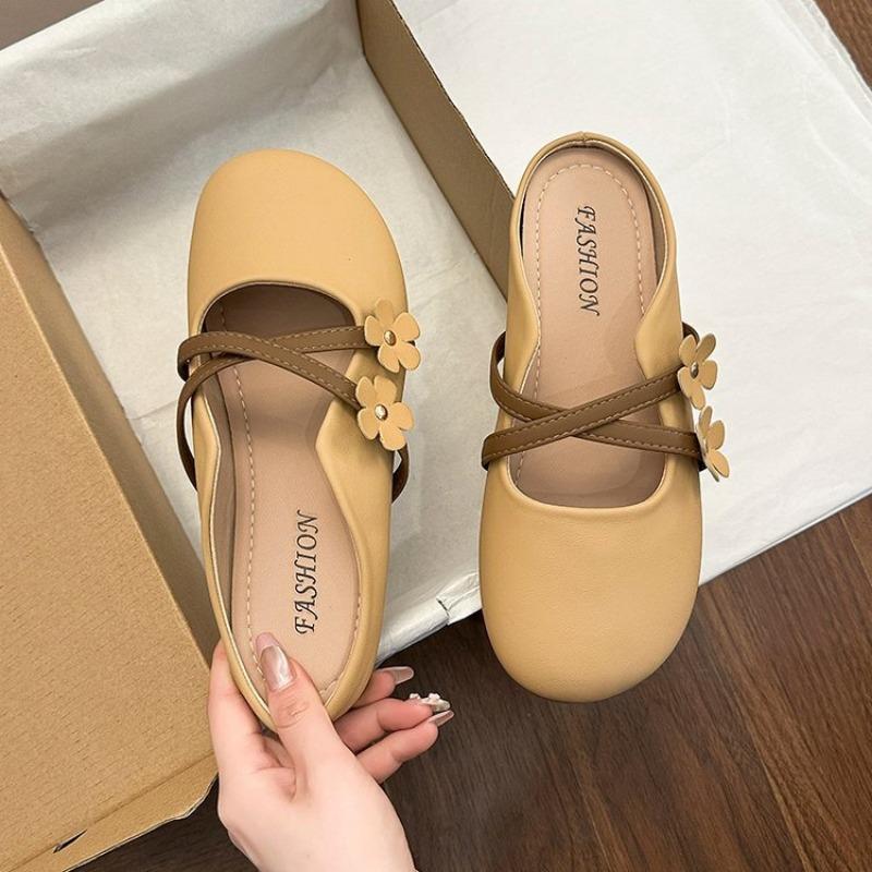 Summer Bag Head Flat Bottom One Pedal Lazy Shoes New Round Head Flower Half Slippers with Skirt Versatile Slippers