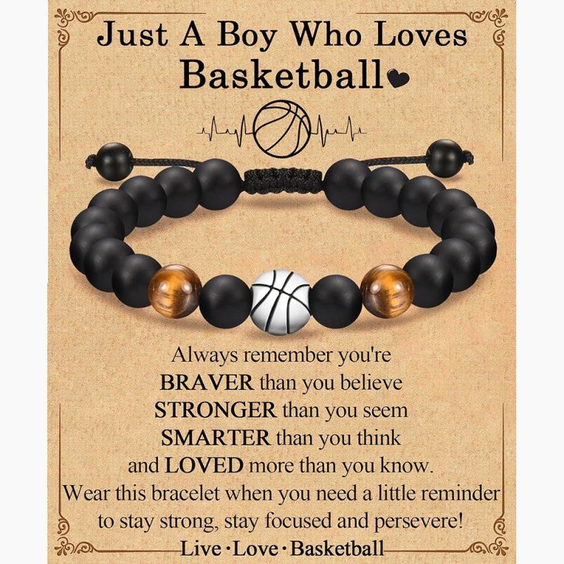 

Adjustable Men’s Sports Bracelet: Football, Baseball, Basketball Beads with Tiger Eye Stones - Gift for My Son