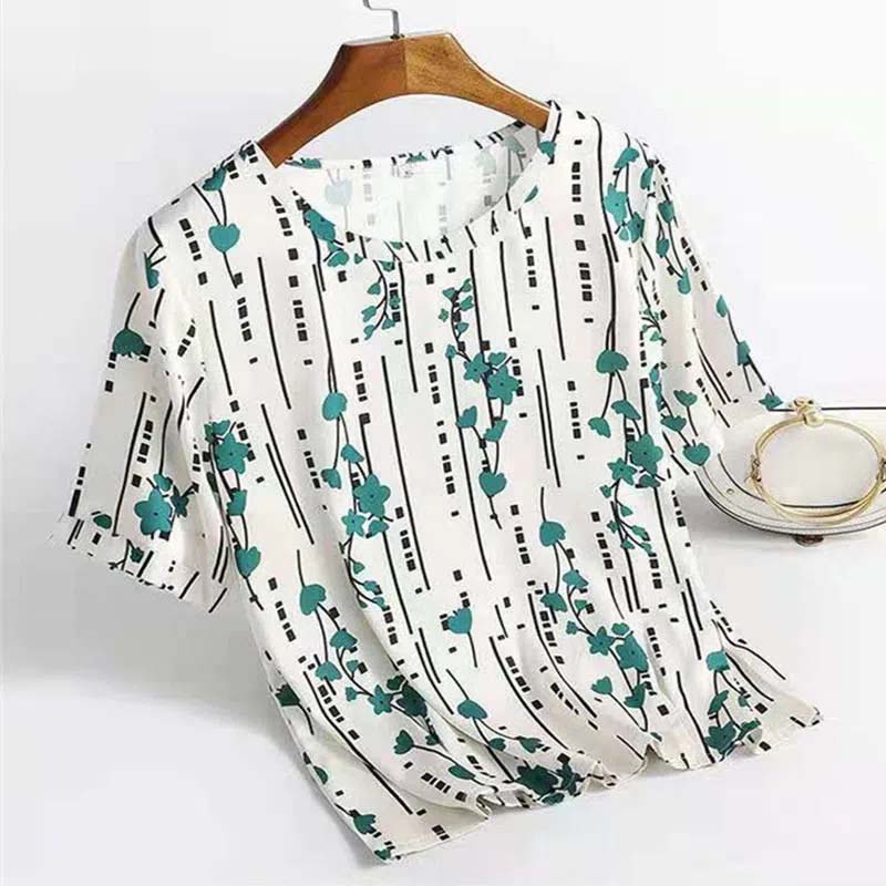 

Футболка из ледяного шелка, женская летняя мода, большой размер с принтом, с короткими рукавами и круглым вырезом, свободный топ для матери, повседневная повседневная одежда M зелёный