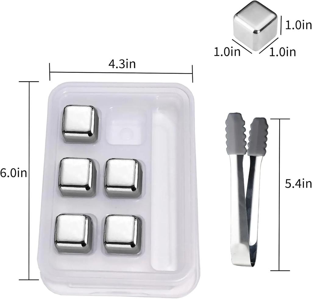 304 Stainless Steel Whiskey Stones Reusable Beverage Chiller Stones with Tongs and Container Vodka Wine Beer Bar Chiller Tools