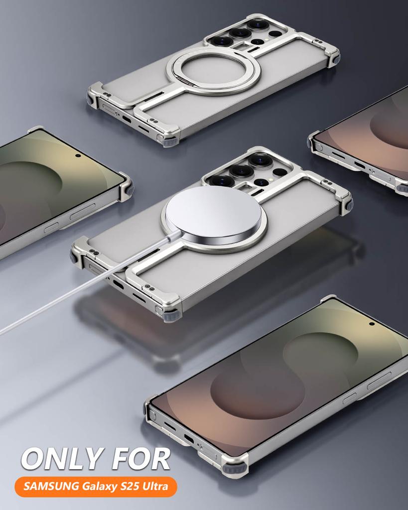 Oatsbasf Bezrámový kryt na telefon pro Samsung Galaxy S25 Ultra s kroužkovým stojánkem 360° otočný magnetický kryt na telefon Nárazuvzdorný bumper