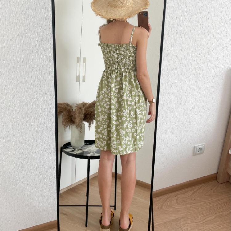 2023 Sommer Blumenbedrucktes Chiffon Mini Kleid Damen Lässig Mode Spaghetti Träger Ärmellos Elastisches Hochtaillenkleid