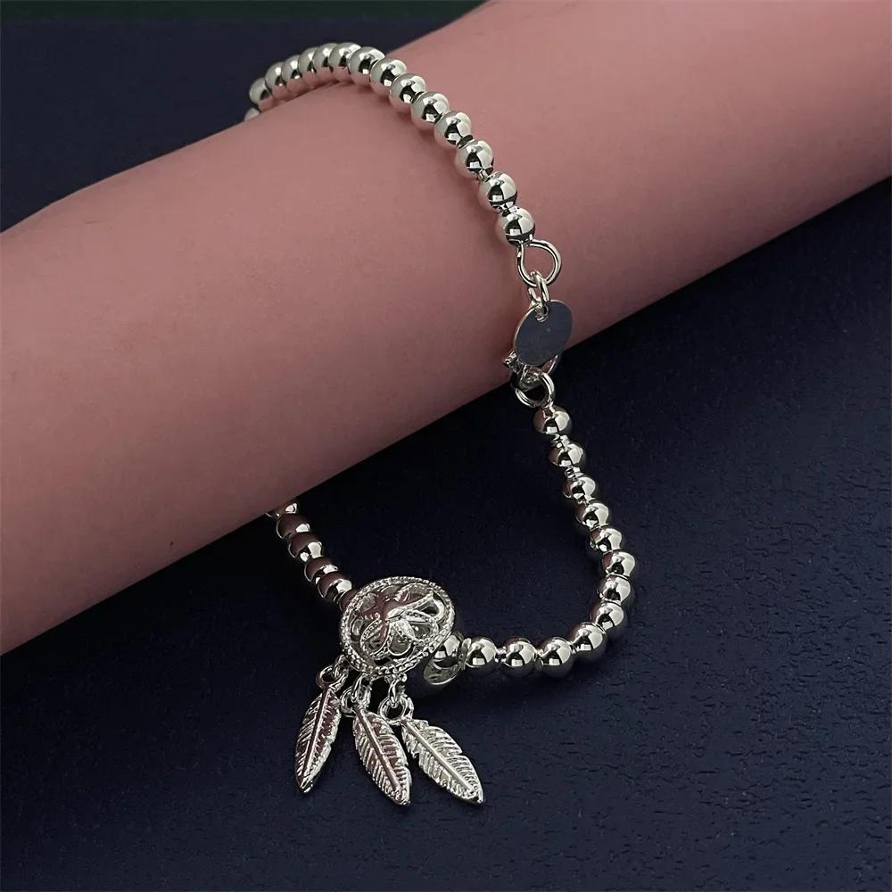 925 Sterling Silver Ball Feather Pendant Bracelet, Couple Banquet Wedding Birthday Jewelry Gift
