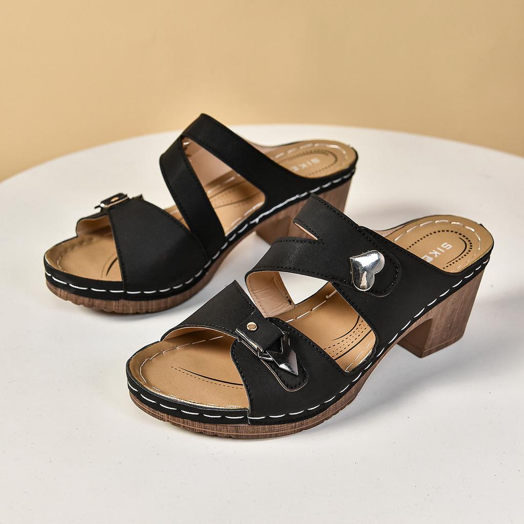 2025 Summer Large Size Foreign Trade Women's Shoes Casual Style Wide Strip Thick Heel Slippers Black I-shaped Slippers Women