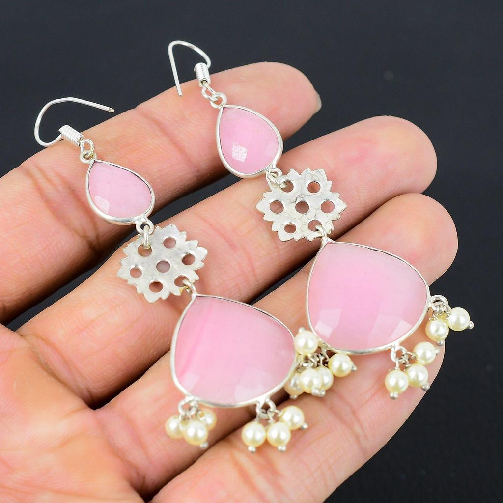 925 Silber Birne Rosa Chalcedon Edelstein Neue Hängende Tropfen Trendige Ohrringe Schmuck