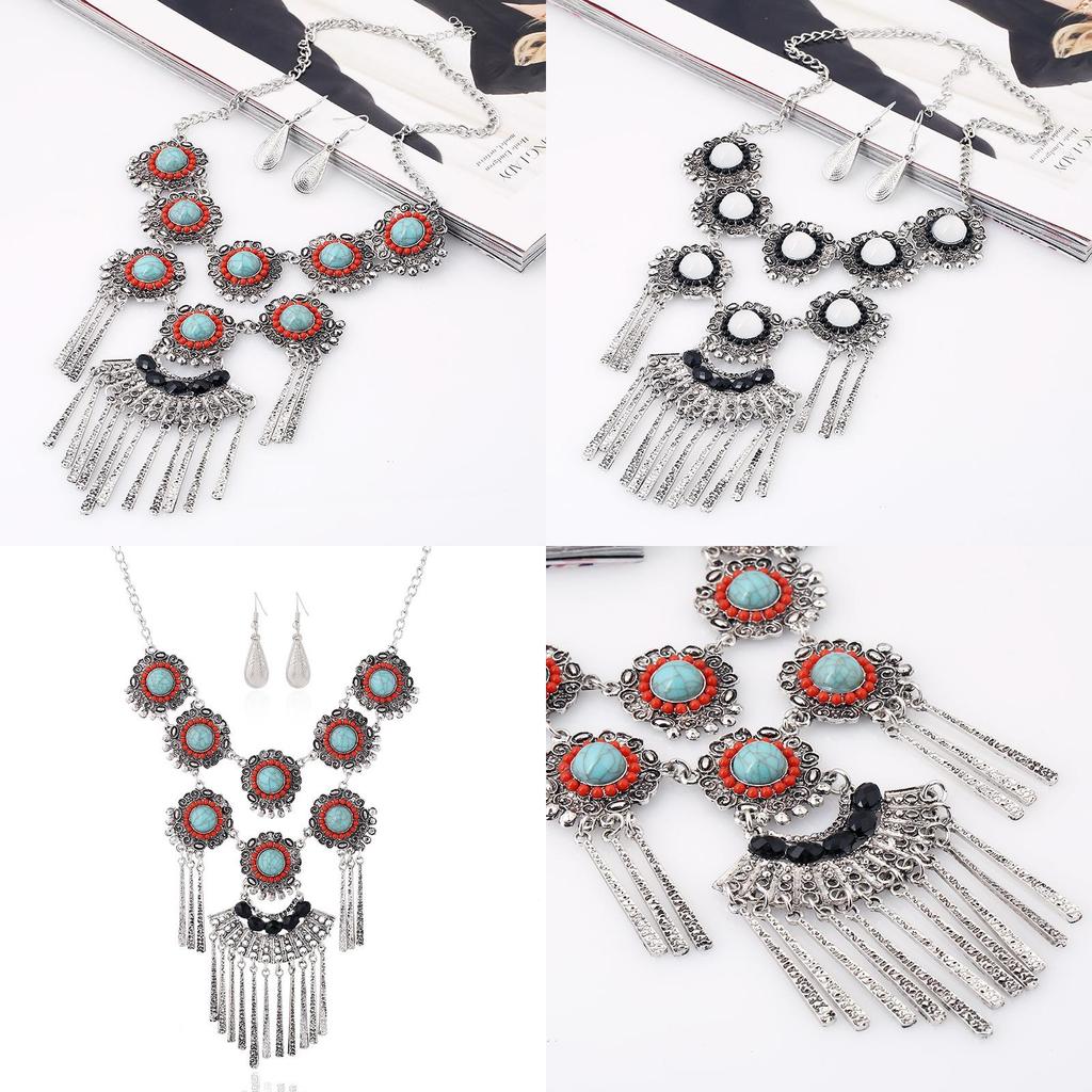 Ethnic Style Simulation Gemstone Decor Women Round Flower Necklace With Tassel For Boho Style Jewelry