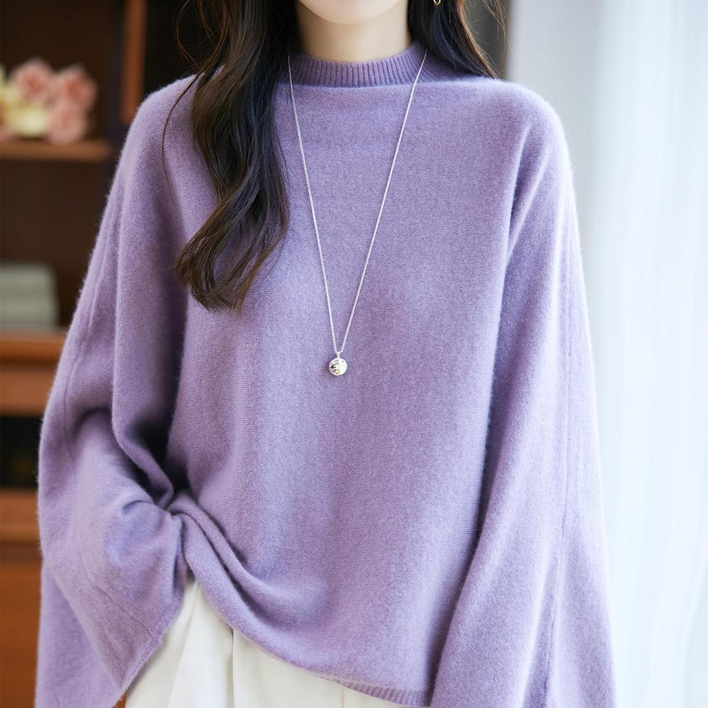 Women's Pure Wool Sweater - Bell Sleeves, Loose Fit, Half-High Neck, Trendy Autumn/Winter Knitwear