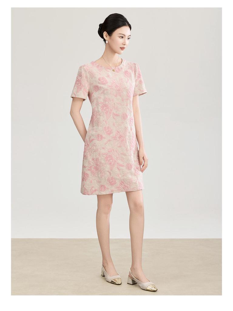 Nanyou Elegant Embroidered Jacquard Linen A-line Dress with Waist-cinching Short Sleeves for Spring/Summer Style