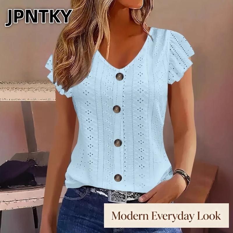 QICED Women's Fashion Casual Solid Color Print Short Sleeve V-Neck Blouses & Shirts