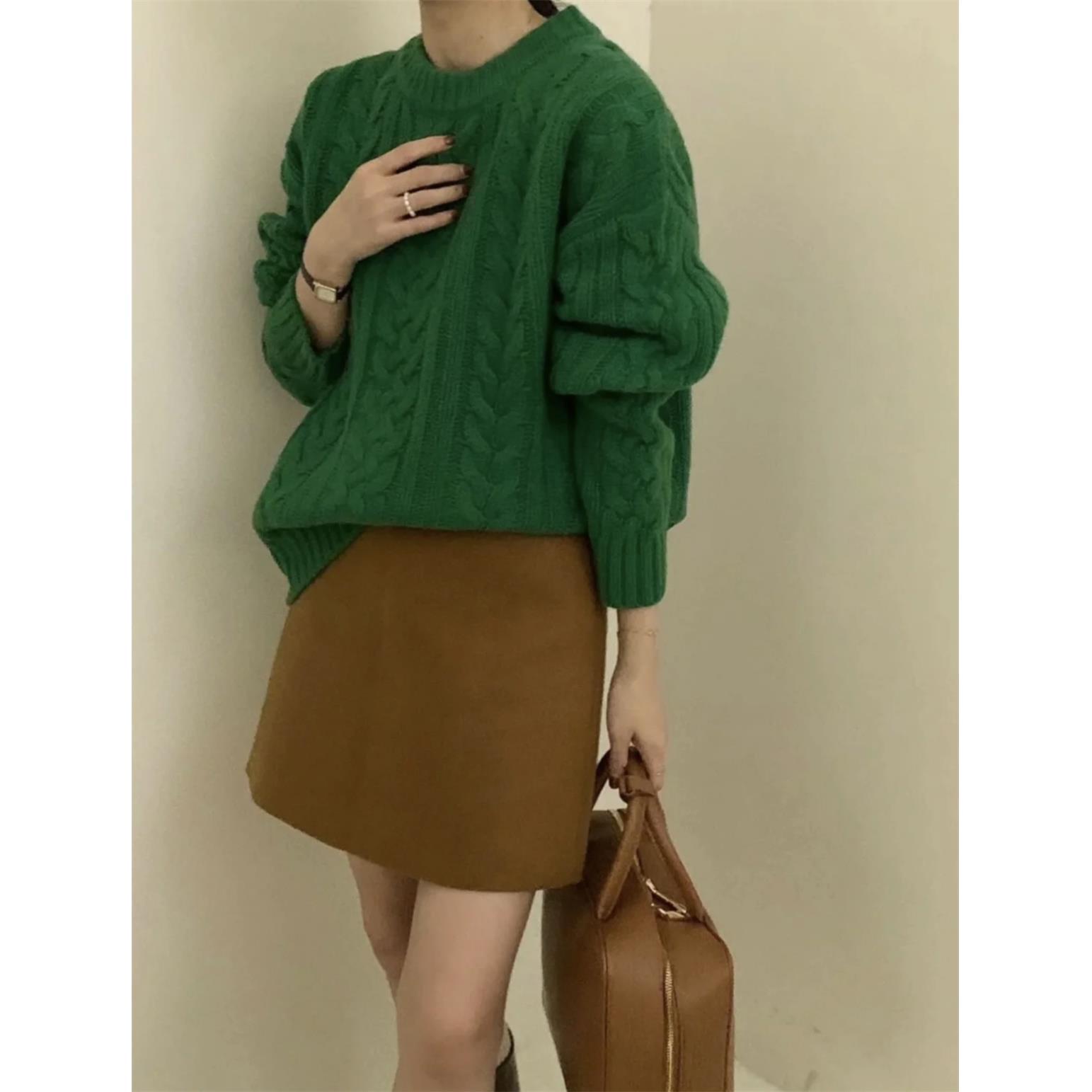 

Восемь молочных кос мягкий восковой свитер женский свободный пуловер с высокой текстурой вязаный свитер average size зелёный