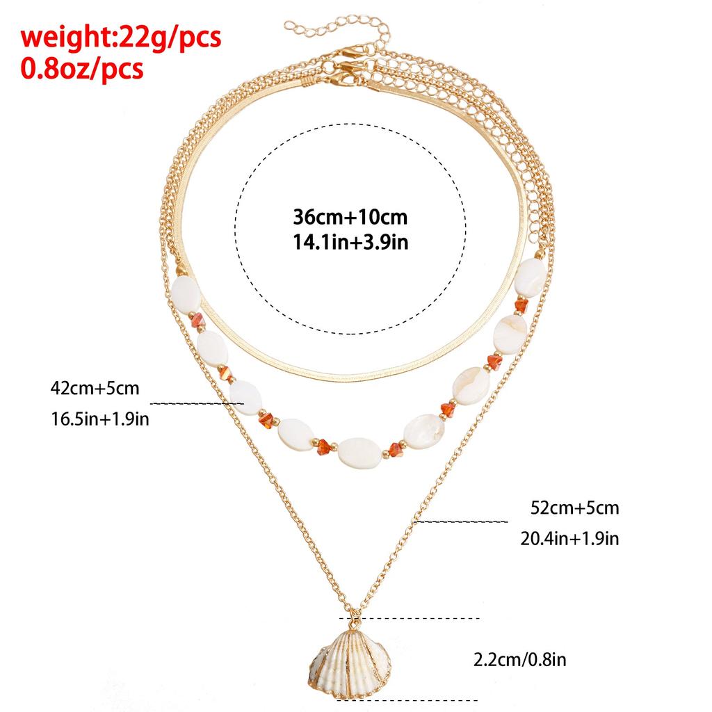 Ocean Wind Shell Multi-layer Stacked Necklace, Retro Vacation Oval Fritillary Beaded Necklace