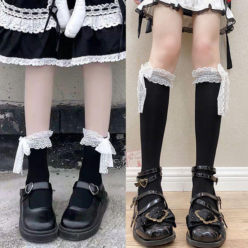 Japanese Lolita Soft Lace Mid-Tube Socks: Breathable Bow-Design Calf Socks for Women