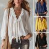 Chiffon Tops Women Tops, Ruffle Splicing Collar V-Neck Blouse, Pure Color Loose Fit Casual Shirt Shirt, Lantern Long Sleeve Sun Protection for