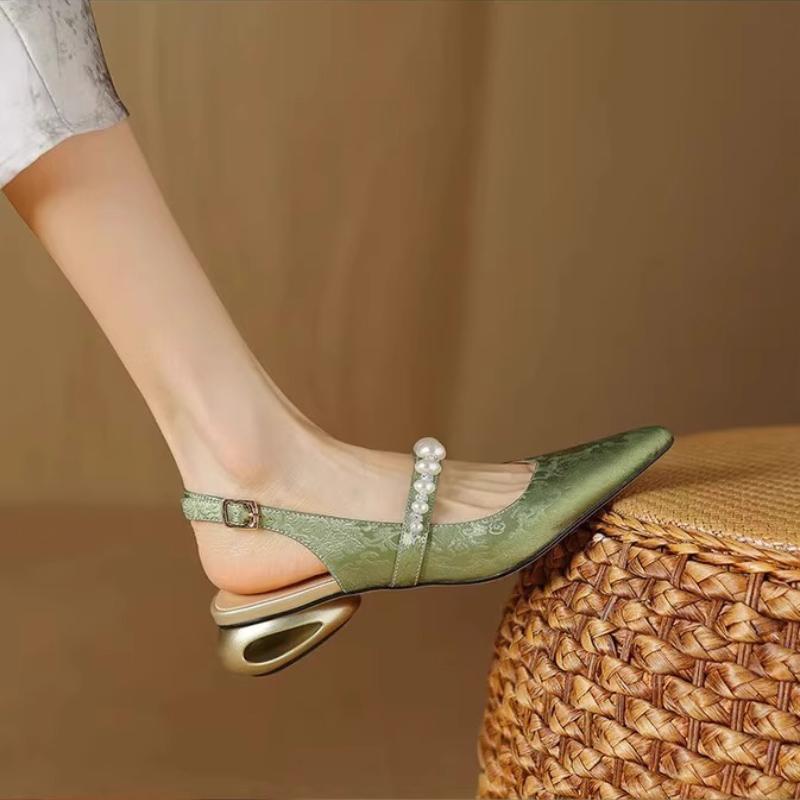 Fashion French  Low Heel Back Empty Single Shoes Women's Summer New Straight Button Pointed Toe Fashion Block Heel Toe Sandals