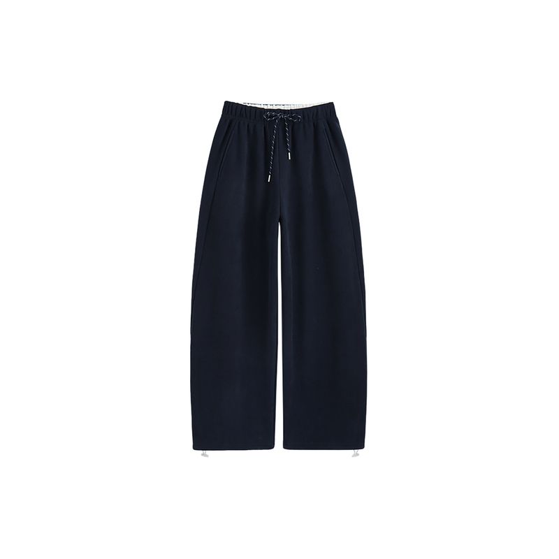 Shiyiyue Sporty Loose Casual Pants for Women, Autumn and Winter Elastic Waist Fleece-Lined Sweatpants with Drawstring, Straight Wide-Leg Long Pants