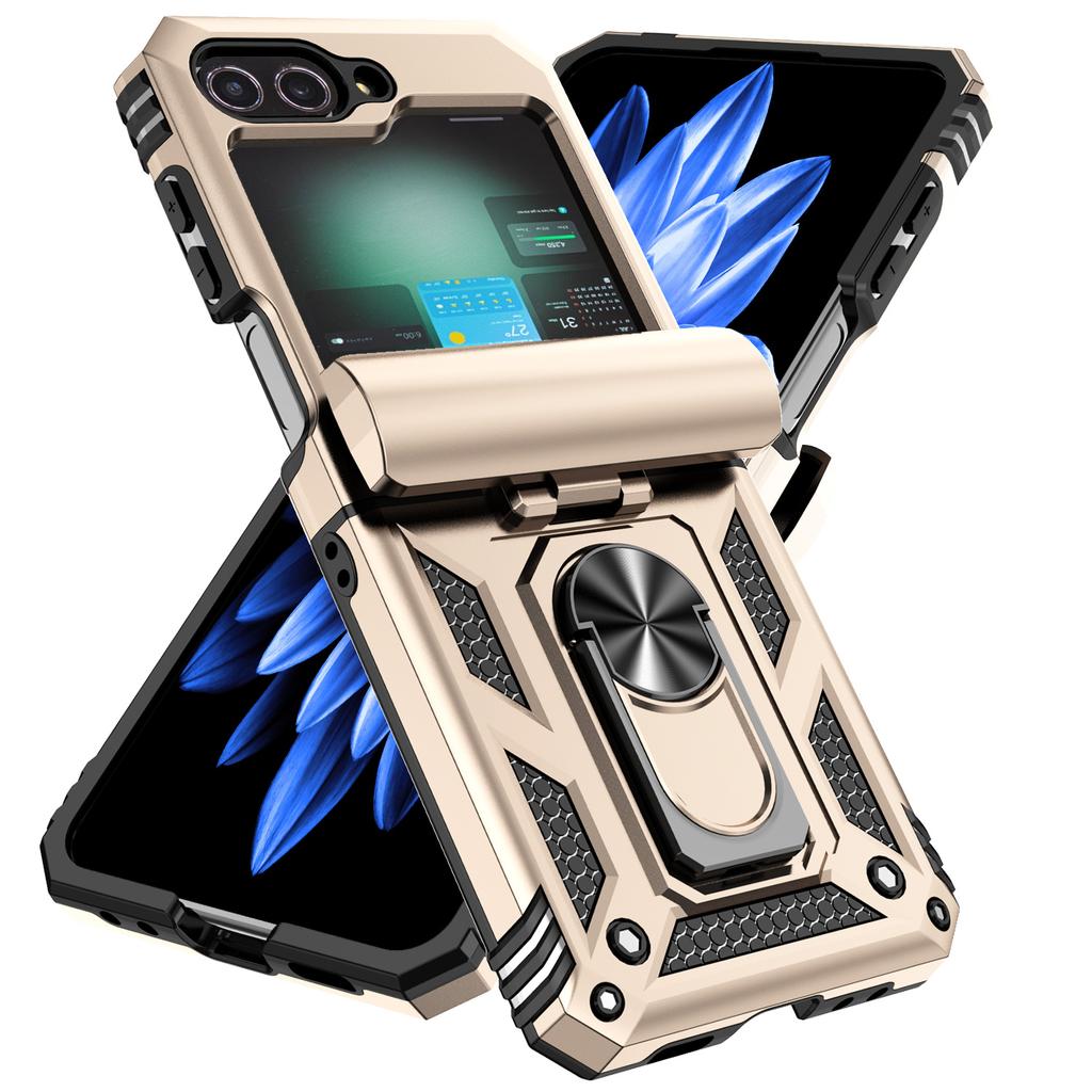 For Samsung Galaxy Z Flip 6 5 4 3 Case with Slide Lens Cover, 360° Magnetic Ring Kickstand Upgraded Military Grade Shockproof