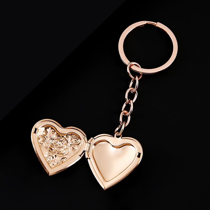 Porte-clés Cœur Rose en Acier Inoxydable Boîte Photo Finition Miroir