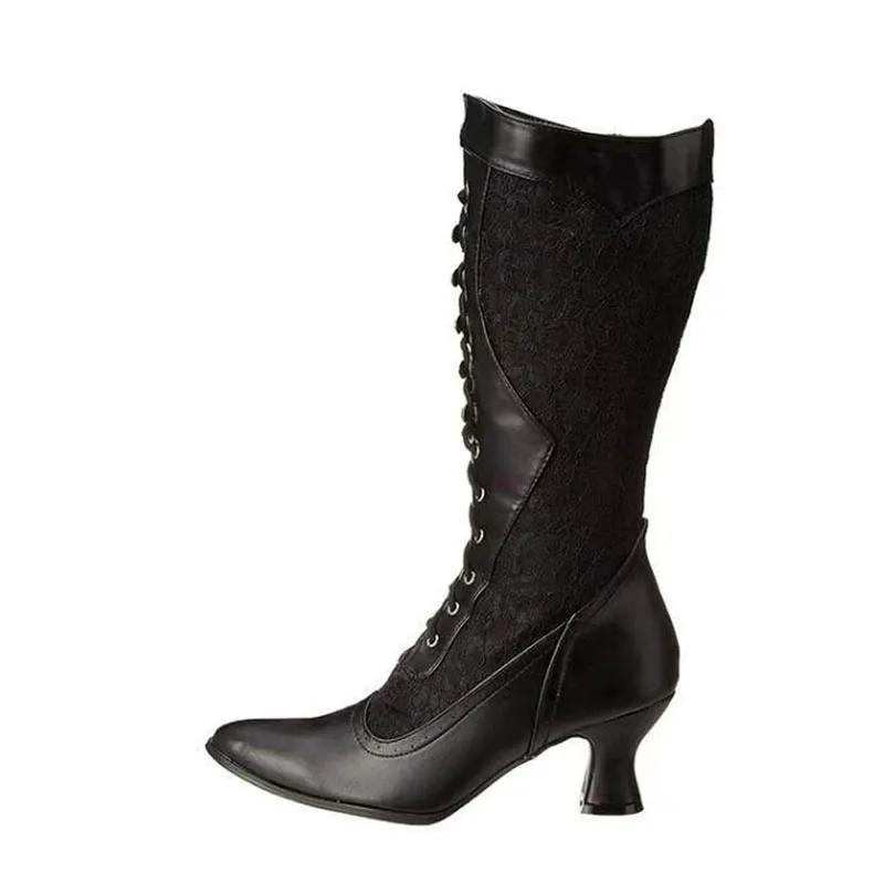 Retro Dames Laarzen Herfst Winter Sexy Schoenen Vrouw Veters Puntige Neus Lage Hakken Halverwege de Kuit Laarzen voor Dames Maatwerk 34-43